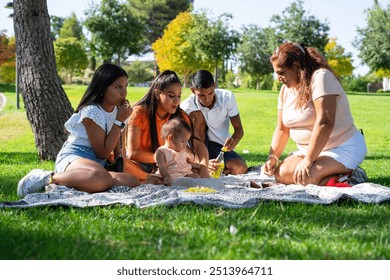 Peruvian family sharing a sunny day of picnic in a park. Multigenerational Latin family - Powered by Shutterstock