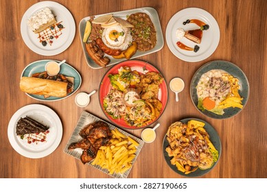 Peruvian Feast Spread with Ceviche, Roasted Chicken, Sandwiches, and Assorted Desserts, Overhead View 