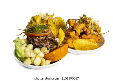 Peruvian food Black shell ceviche with rice with seafood and chicharrones. Trio Marino traditional Peruvian food.