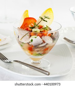 Peruvian Food. Ceviche, Typical Dish From Central And South America. Served In A Glass.