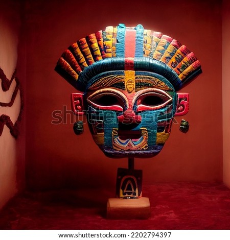 Peruvian Mayan Mask on stand in studio. Multi color. Ancient art. Studio Backdrop. Filmic lighting. Front light. Top light. Wooden floor. Directional lighting.