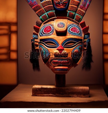 Peruvian Mayan Mask on stand in studio. Multi color. Ancient art. Studio Backdrop. Filmic lighting. Front light. Top light. Wooden floor. Directional lighting.
