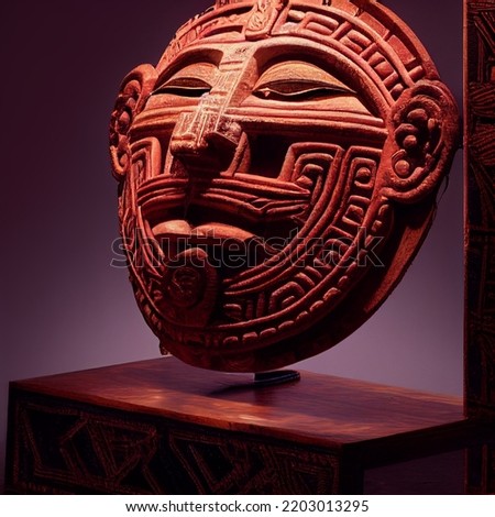 Peruvian Mayan Mask on stand in studio. Multi color. Ancient art. Studio Backdrop. Filmic lighting. Front light. Top light. Wooden floor. Directional lighting.