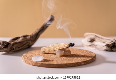 Peruvian palo santo holy wood smoke. Esoteric objects for meditation, antistress and relaxation purifying concept. Smudge kit for spiritual practices. - Shutterstock ID 1899175882