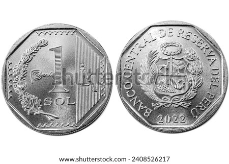 Peruvian Sol Coins on White, Collection Set of Soles Coins Isolated on White Background, Close Up, Peru Soles Coins, SOL PERUANO
