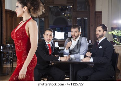 Pervert Customers Looking At Tango Dancer In Restaurant
