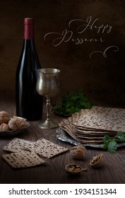 Pesach background. Passover celebration with wine and matzah on the wooden background.  With the inscription "Happy Passover"