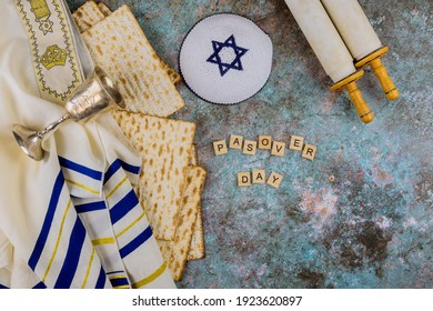 Pesach Passover Celebrating Symbols Of Great Jewish Family Holiday Traditional Matzah, Kippah And Tallit, Torah Scroll