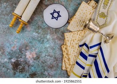 Pesach Passover Celebrating Symbols Of Great Jewish Family Holiday Traditional Matzah, Kippah And Tallit, Torah Scroll