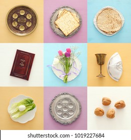 Pesah celebration concept (jewish Passover holiday). Traditional book with text in hebrew: Passover Haggadah (Passover Tale)