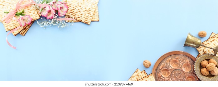 Pesah celebration concept (jewish Passover holiday). Translation of Traditional pesakh plate text: egg, bone, bitter hearb, sweet date