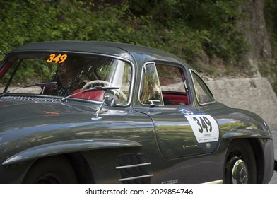 PESARO, ITALY - May 23, 2019: A Green Mercedes 300 Sl In Mille Miglia Vintage Car Race