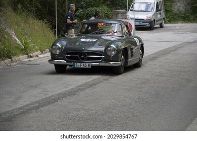 PESARO, ITALY - May 23, 2019: A Green Mercedes 300 Sl In Mille Miglia Vintage Car Race