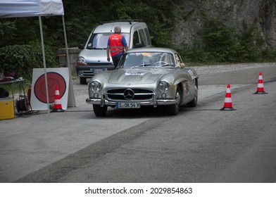 PESARO, ITALY - May 23, 2019: A Silver Mercedes 300 Sl In Mille Miglia Vintage Car Race