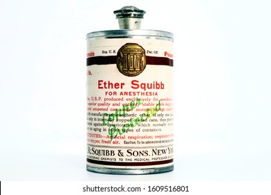 Pescara, Italy – January 8, 2020: Vintage 1940s Poison 1/4 lb. ETHER SQUIBB For Anesthesia. Produced by E.R. Squibb New York and made available to American Military during the World War II