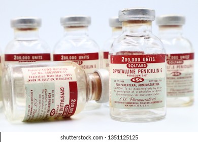 Pescara, Italy - March 27, 2019: Vintage 1951 Vial of PENICILLIN G Produced by CSC Pharmaceuticals division of Commercial Solvents Corporation, New York, USA
