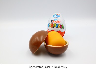 Pescara, Italy – March 5, 2019: Kinder Surprise Chocolate Eggs. Kinder Surprise is a brand of products made in Italy by Ferrero