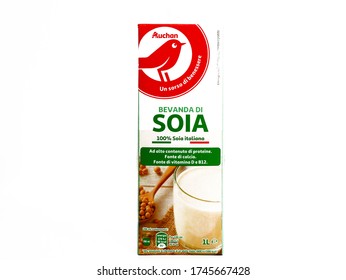 Pescara, Italy - May 31, 2020: Auchan Soy Milk Sold By Auchan Supermarket Chain