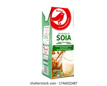 Pescara, Italy - May 31, 2020: Auchan Soy Milk Sold By Auchan Supermarket Chain