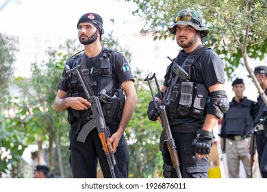 Peshawar, KP, Pakistan, August 04, 2017:  Elite Police Holding His Position In Event Of Police Day 