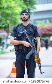 Peshawar, KP, Pakistan, August 04, 2017:  Elite Police Holding His Position In Event Of Police Day 