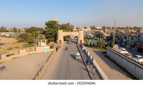 Peshawar, Pakistan- 23 Feb 2021 Aerial View of Bab e khyber at the entrance of khyber pass. It connects Landi Kotal to Peshawar. The Backbone of Pakistan Afghanistan trade.