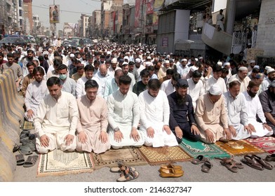 PESHAWAR, PAKISTAN - APR 15: Faithfull Muslims are offering Friday Prayer during the Holy Month of Ramadan-ul-Mubarak held at Saddar area on April 15, 2022 in Peshawar.