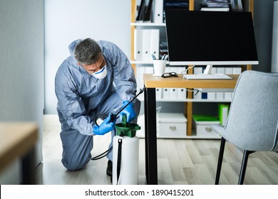 Pest Control Exterminator Man Spraying Termite Pesticide In Office