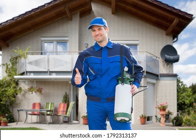Pest Control Exterminator Man Worker In Front Of The Home