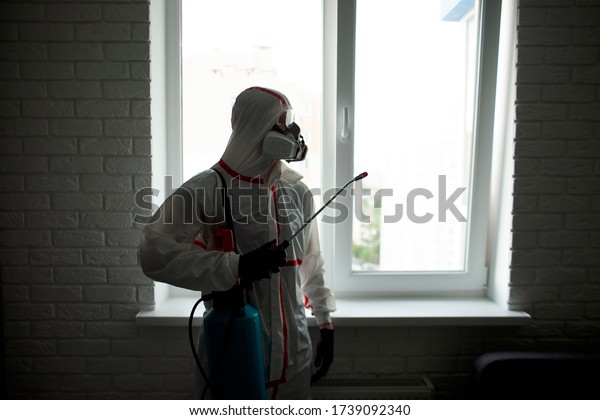 pest control. a man in a chemical suit
disinfects the room from rodents and insects, a sanitary worker
with a spray on the background of the
apartment