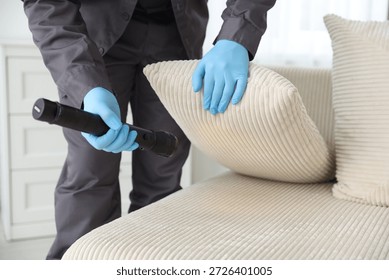 Pest control worker examining sofa with flashlight indoors, closeup