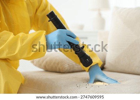 Pest control worker in protective uniform with flashlight examining sofa, closeup. Bedbugs extermination