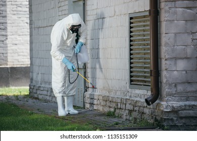 Pest Control Worker Spraying Pesticides With Sprayer On Building Wall