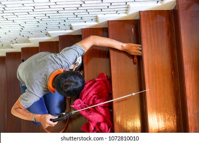 Pest / Termites Control Services On Wood Stair In The New House That Have Termites Signs Inside It.