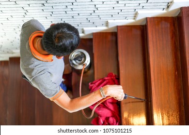 Pest / Termites Control Services On Wood Stair In The New House That Have Termites Signs Inside It.