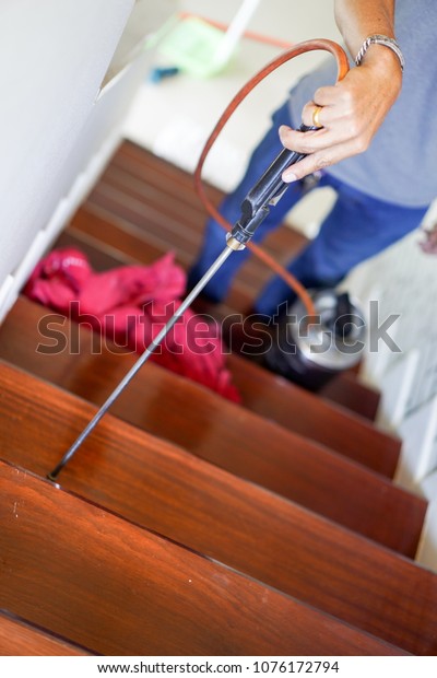 Pest / termites control\
services on wood stair in the new house that have termites signs\
inside it.