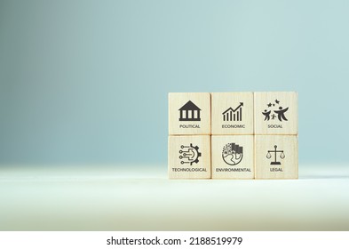 PESTEL analysis concept. Framework to assess political, economic, social, technological, environmental, and legal factors. Strategic planning process for develop innovative product, market initiatives - Shutterstock ID 2188519979