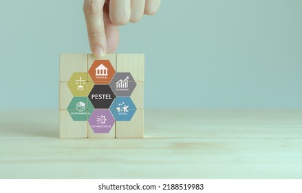 PESTEL analysis concept. Framework to assess political, economic, social, technological, environmental, and legal factors. Strategic planning process for develop innovative product, market initiatives