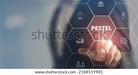 PESTEL analysis concept. Framework to assess political, economic, social, technological, environmental, and legal factors. Strategic planning process for develop innovative product, market initiatives