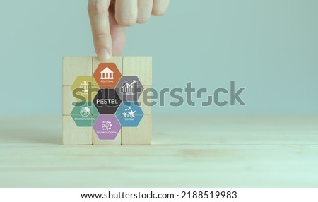 PESTEL analysis concept. Framework to assess political, economic, social, technological, environmental, and legal factors. Strategic planning process for develop innovative product, market initiatives