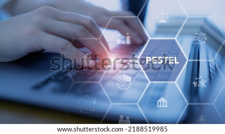 PESTEL analysis concept. Framework to assess political, economic, social, technological, environmental, and legal factors. Strategic planning process for develop innovative product, market initiatives