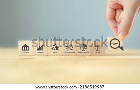PESTEL analysis concept. Framework to assess political, economic, social, technological, environmental, and legal factors. Strategic planning process for develop innovative product, market initiatives