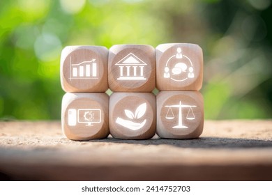 PESTEL analysis concept, political, economic, socio-cultural, technological, environmental and legal, Wooden block on desk with pestel icon on virtual screen.