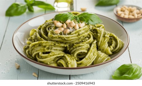 Pesto alla Genovese: A fragrant sauce made from basil, garlic, pine nuts, Parmesan, and olive oil. Perfect with pasta or as a fresh topping. - Powered by Shutterstock