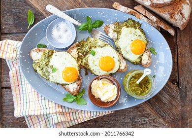 Pesto Eggs, Eggs, Fried In Basil Pesto , Sunny Side Up