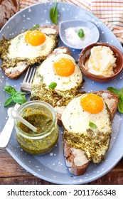 Pesto Eggs, Eggs, Fried In Basil Pesto , Sunny Side Up