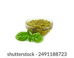 Pesto. Italian basil pesto sauce isolated on white background. Ingredient for pesto sauce: fresh basil, pine nuts, Parmesan cheese and olive oil. Space for text.Copy space.