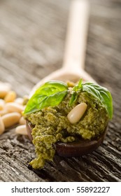 Pesto Sauce Over Spoon Close Up