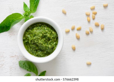 Pesto Sauce In A White Bowl, View From Above