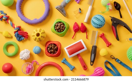Pet care concept, various pet accessories, toys, balls, brushes on yellow background , flat lay